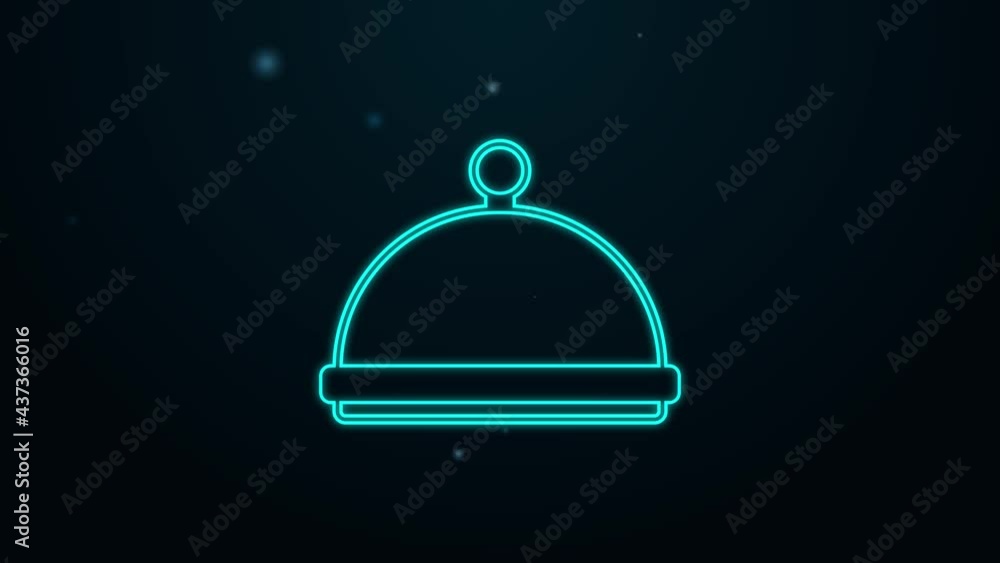 Glowing neon line Covered with a tray of food icon isolated on black background. Tray and lid sign. Restaurant cloche with lid. Kitchenware symbol. 4K Video motion graphic animation Glowing neon line Covered with a tray of food icon isolated on black background. Tray and lid sign. Restaurant cloche with lid. Kitchenware symbol. 4K Video motion graphic animation