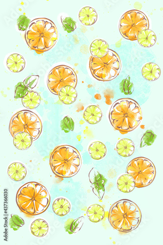 Watercolor background with juicy citruses