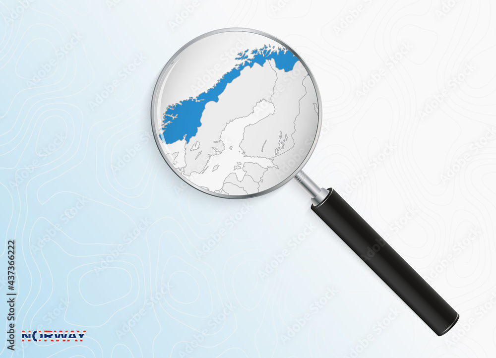 Magnifier with map of Norway on abstract topographic background. Magnifier with map of Norway on abstract topographic background.