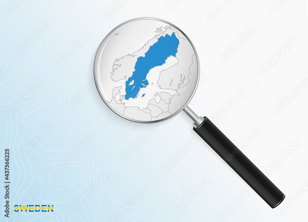 Magnifier with map of Sweden on abstract topographic background. Magnifier with map of Sweden on abstract topographic background.