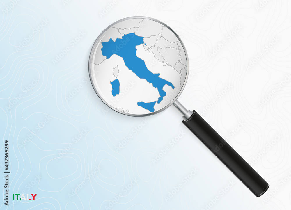 Magnifier with map of Italy on abstract topographic background. Magnifier with map of Italy on abstract topographic background.