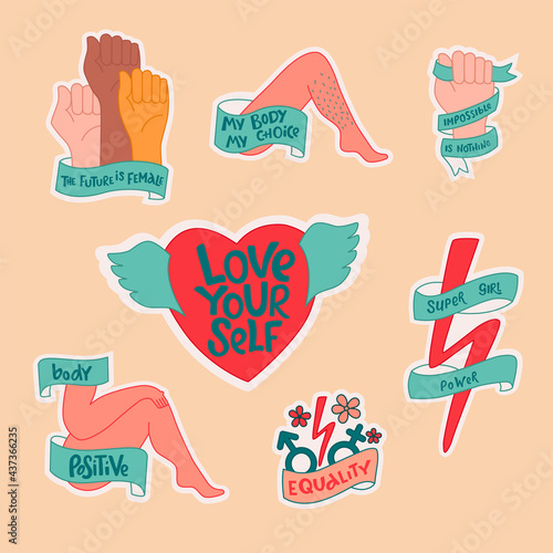 Feminist and body positive stickers set. Handwritten phrase slogan. Lettering quotes, type, font isolated on white background for gender equality female activist poster, banner. EPS10
