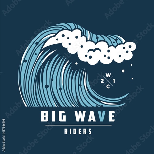 Wave with foam for surfing hawaii print. Wavy sea or ocean for nautical t-shirt design. Logo of summer marine tide