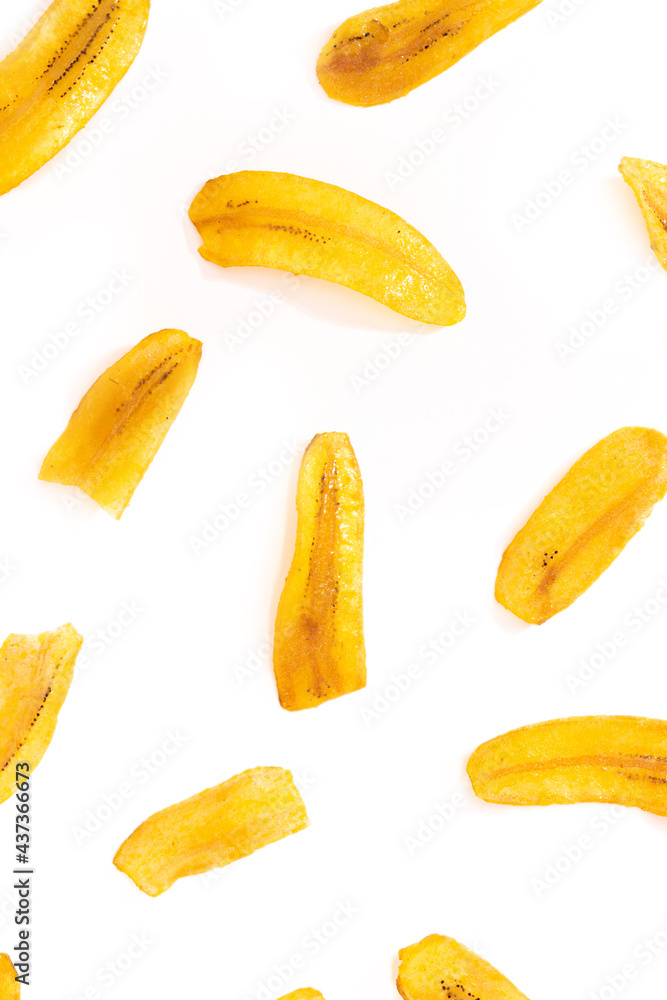 Banana chips background white. Banana chips background white.