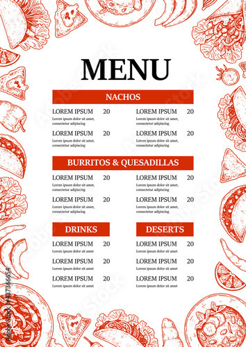 Mexican food menu template with hand drawn elements. Vector illustration in sketch style