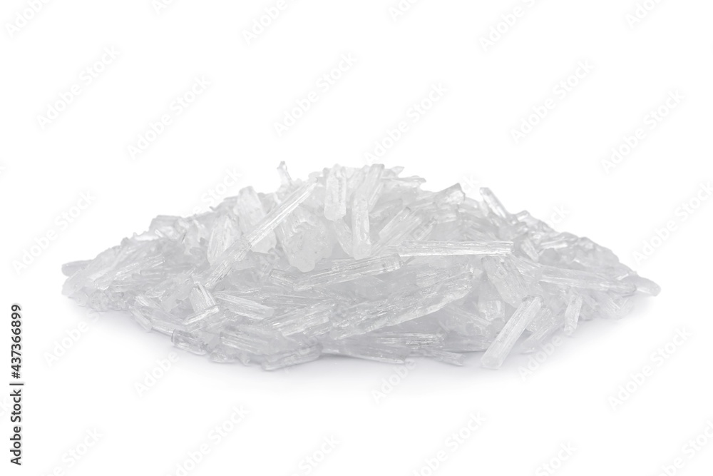 Heap of menthol crystals on white background