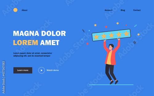 Happy man holding five golden stars. Customer, review, social media flat vector illustration. Assessment and rating concept for banner, website design or landing web page
