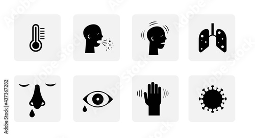 Vector black medical icons of disease signs on gray squares. Fever, cough, headache, pneumonia, runny nose, lacrimation, chills, virus.