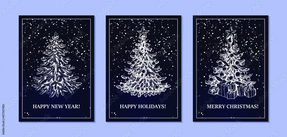Set of Merry Christmas and Happy New Year designs with hand drawn Christmas tree and snow on dark blue background. Vector illustration