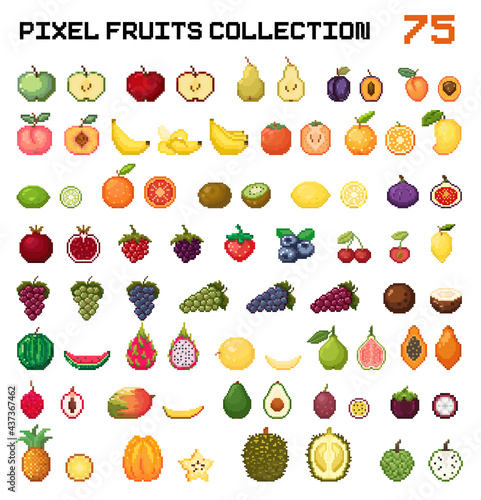 Pixel fruits set. Pixel art fruits huge vector collection. Pixel fruits and berries Design for game, app, sticker. Big set of pixel art fruits icon in 8 bit retro style. Web or game icons collection.