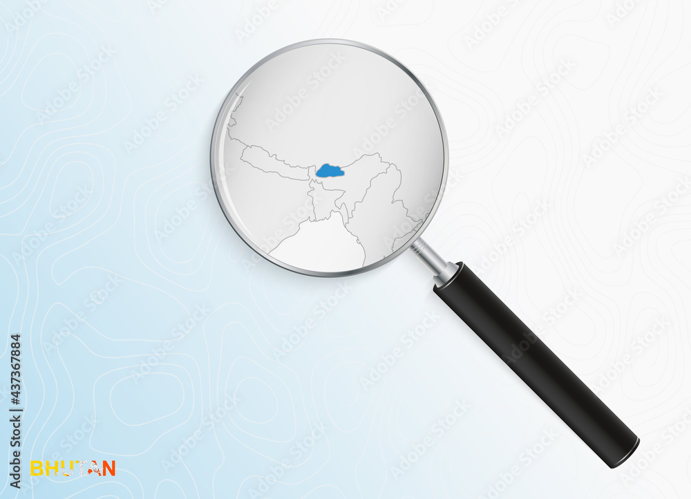 Magnifier with map of Bhutan on abstract topographic background. Magnifier with map of Bhutan on abstract topographic background.