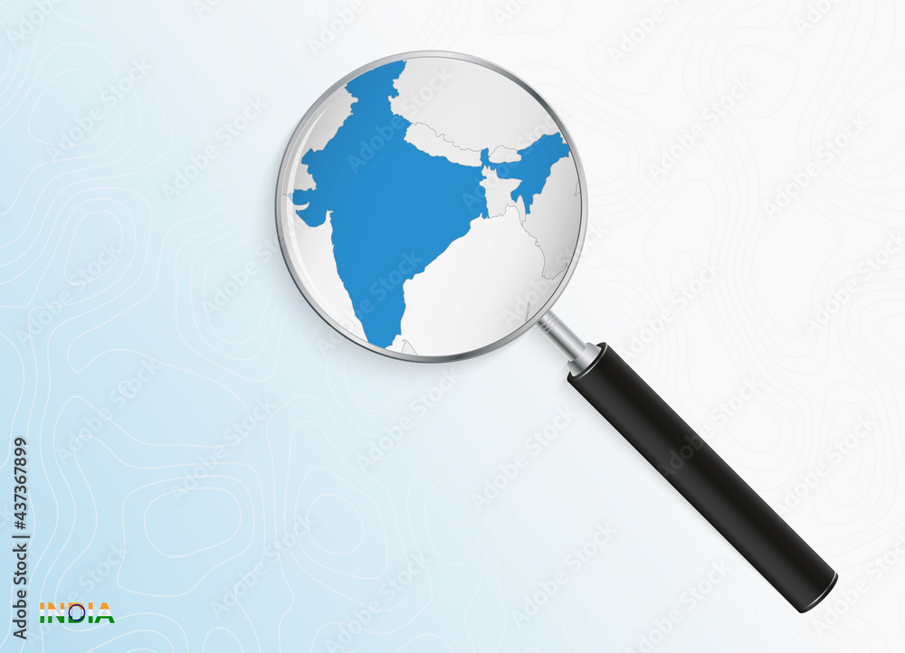 Magnifier with map of India on abstract topographic background. Magnifier with map of India on abstract topographic background.