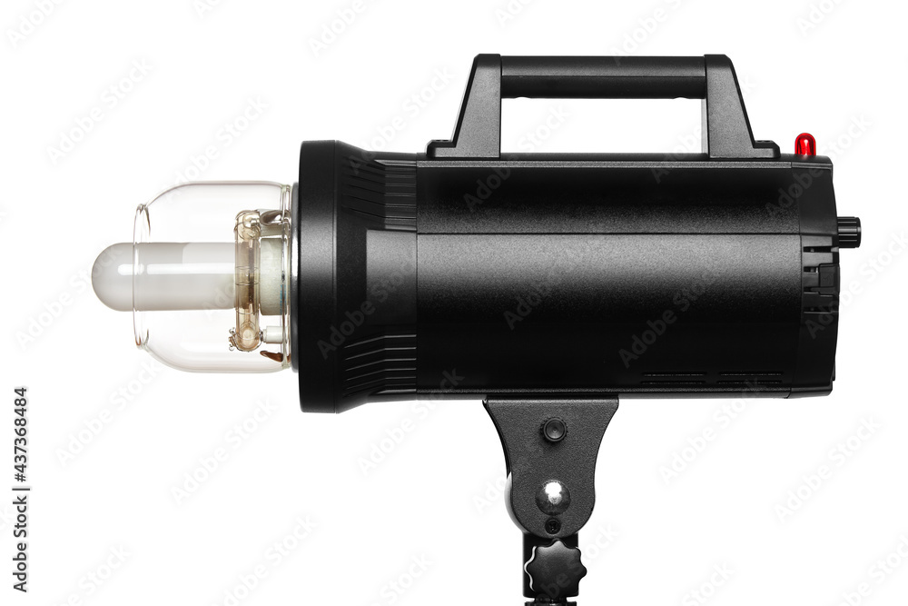 Studio flash without reflector with modeling light on stand for photography in studio isolated on white background. Studio flash without reflector with modeling light on stand for photography in studio isolated on white background.