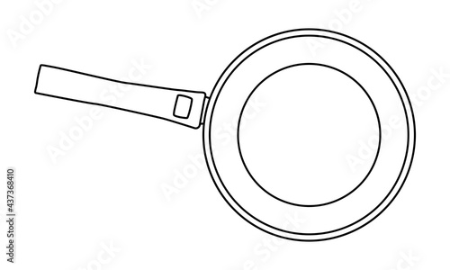 Doodle style frying pan with handle. View from above. Vector illustration hand-drawn by a contour on a white background. Kitchenware. For sketching for print, web, mobile and infographics