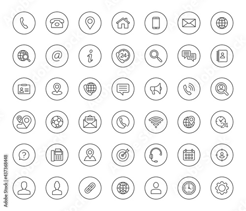 Set of 42 line contact icons in circle shape. Black vector symbols.