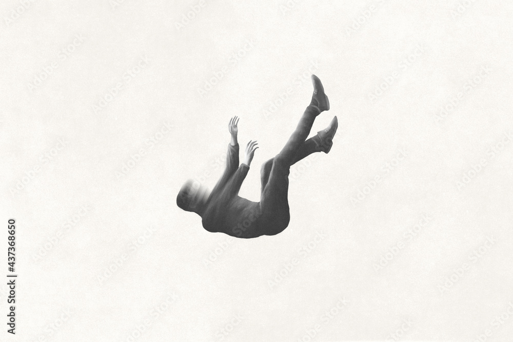 illustration of man falling from the sky, minimal concept - obrazy, fototapety, plakaty 