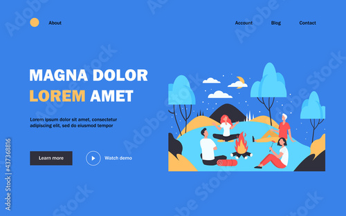 Happy friends sitting near campfire at summer night flat vector illustration. Cartoon people telling scary story near fire. Summertime camping and nature recreation concept