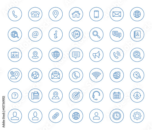 Set of 42 line contact icons in circle shape. Blue vector symbols.