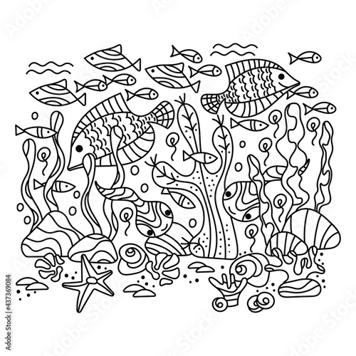 Animals of the underwater sea world. Coloring book for adult. Contours of fish and algae. Vector Aquarium concept  Ecosystem.