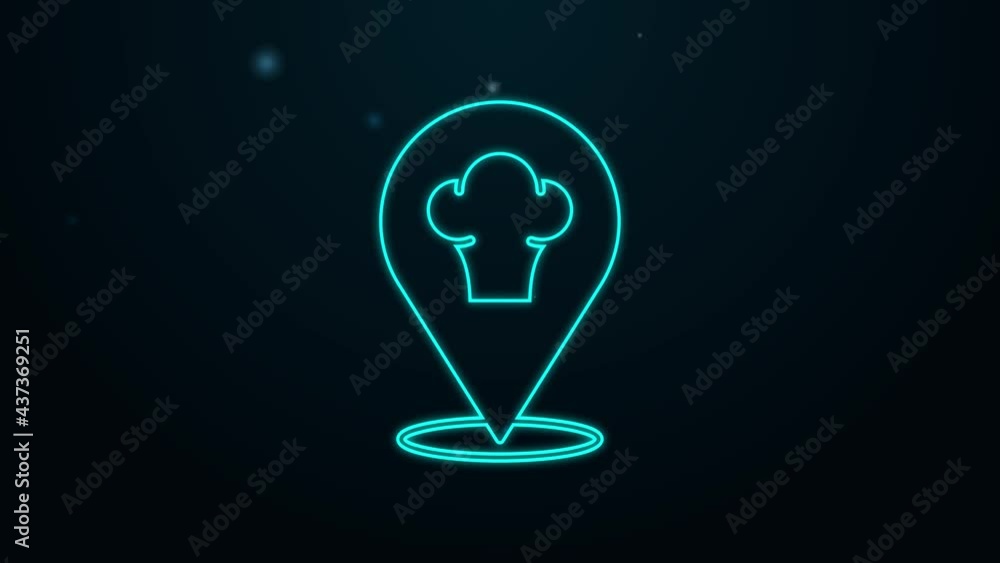 Glowing neon line Chef hat with location icon isolated on black background. Cooking symbol. Cooks hat. 4K Video motion graphic animation Glowing neon line Chef hat with location icon isolated on black background. Cooking symbol. Cooks hat. 4K Video motion graphic animation
