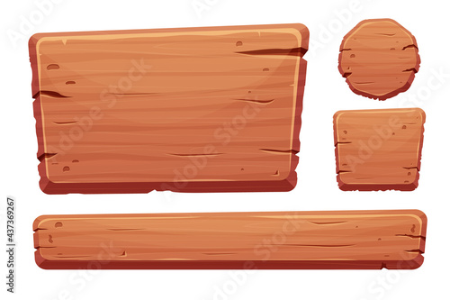 Wood button set in cartoon style with cracked details isolated on white background. Game assets, ui interface, menu. Collection of different shapes for application.