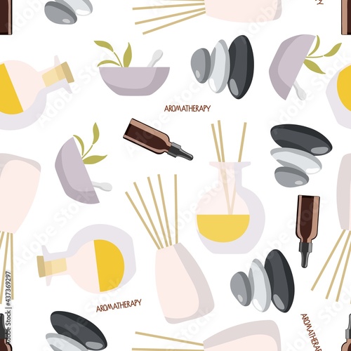 Seamless pattern with Aroma diffusers, essential oil in bottle, herbs in mortar, balance stones for wellness, beauty, spa health Homeopathy or ayurveda therapy. Backdrop for wallpaper, scrapbooking
