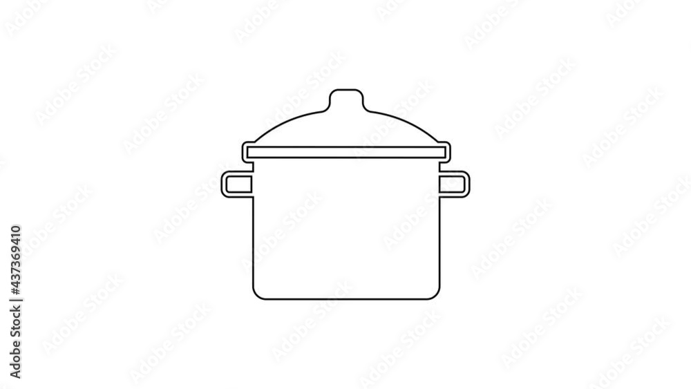 Black line Cooking pot icon isolated on white background. Boil or stew food symbol. 4K Video motion graphic animation Black line Cooking pot icon isolated on white background. Boil or stew food symbol. 4K Video motion graphic animation