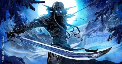 A handsome dark elf warrior with two curved blades stands against the backdrop of a huge winter moon, ready for battle, his eyes glowing with blue magical light. 2D animated looped illustration