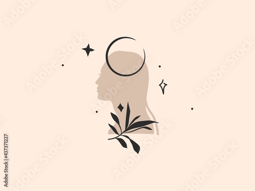 Hand drawn vector abstract stock flat graphic illustration with logo element,bohemian magic art of crescent,woman silhouette and floral leaf in simple style for branding,isolated on color background