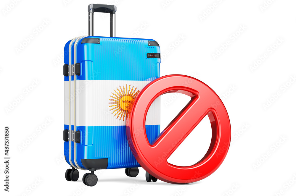 Argentina Entry Ban. Suitcase with Argentinean flag and prohibition sign. 3D rendering Argentina Entry Ban. Suitcase with Argentinean flag and prohibition sign. 3D rendering