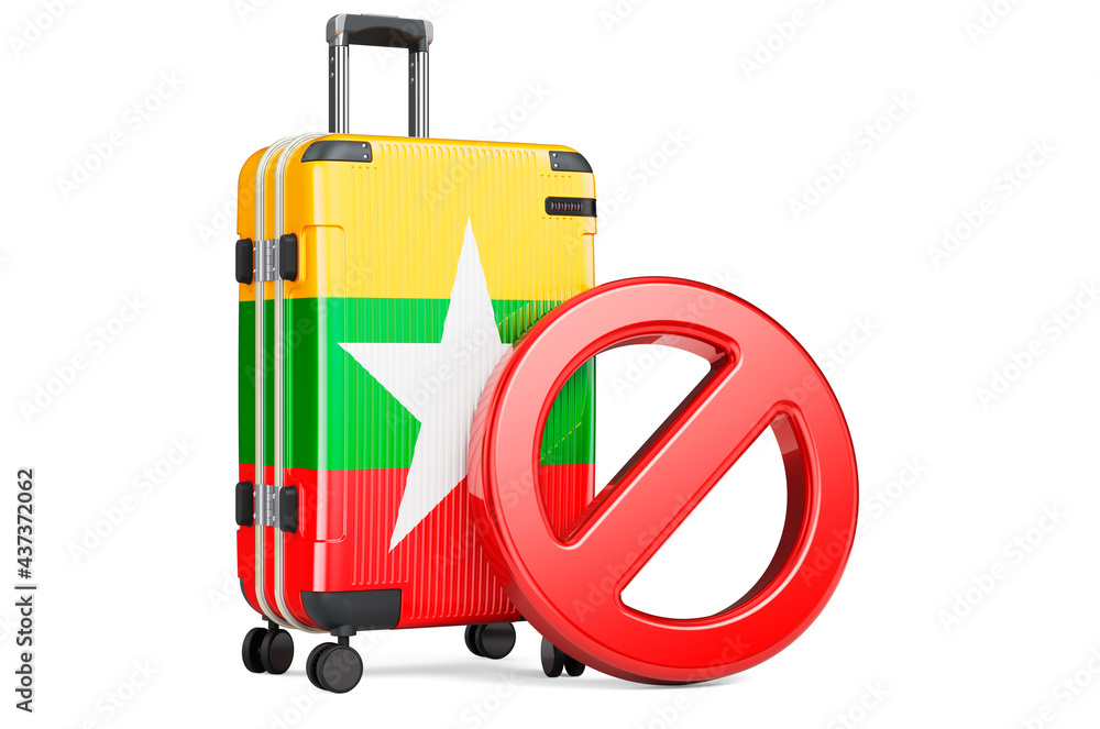 Myanmar Entry Ban. Suitcase with Myanmar flag and prohibition sign. 3D rendering Myanmar Entry Ban. Suitcase with Myanmar flag and prohibition sign. 3D rendering