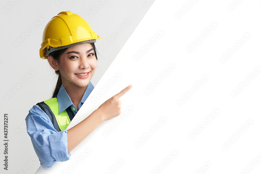 beautiful asian woman engineer and safety helmet on white background, construction concept, Engineer, Industry. beautiful asian woman engineer and safety helmet on white background, construction concept, Engineer, Industry.
