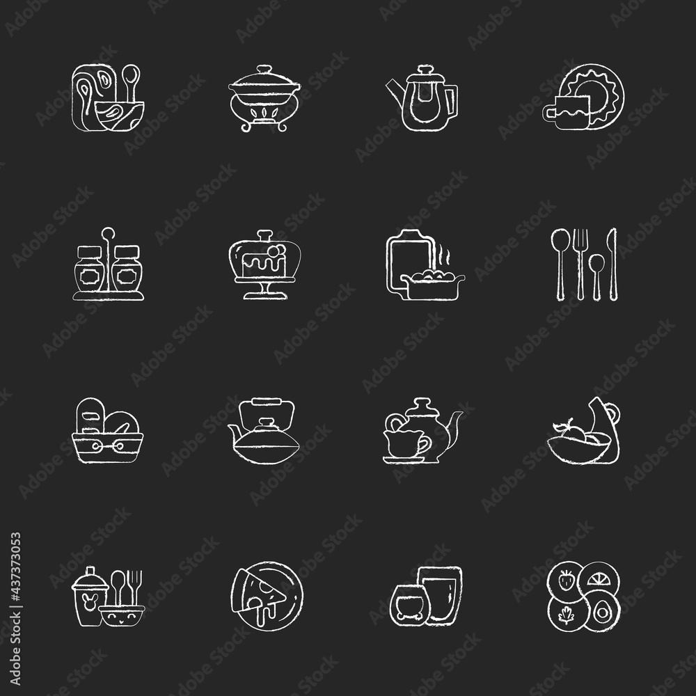 Trendy tableware chalk white icons set on dark background. Irregular shape tableware. Vintage style dinningware. Food warming tray. Ceramic oven dish. Isolated vector chalkboard illustrations on black Trendy tableware chalk white icons set on dark background. Irregular shape tableware. Vintage style dinningware. Food warming tray. Ceramic oven dish. Isolated vector chalkboard illustrations on black
