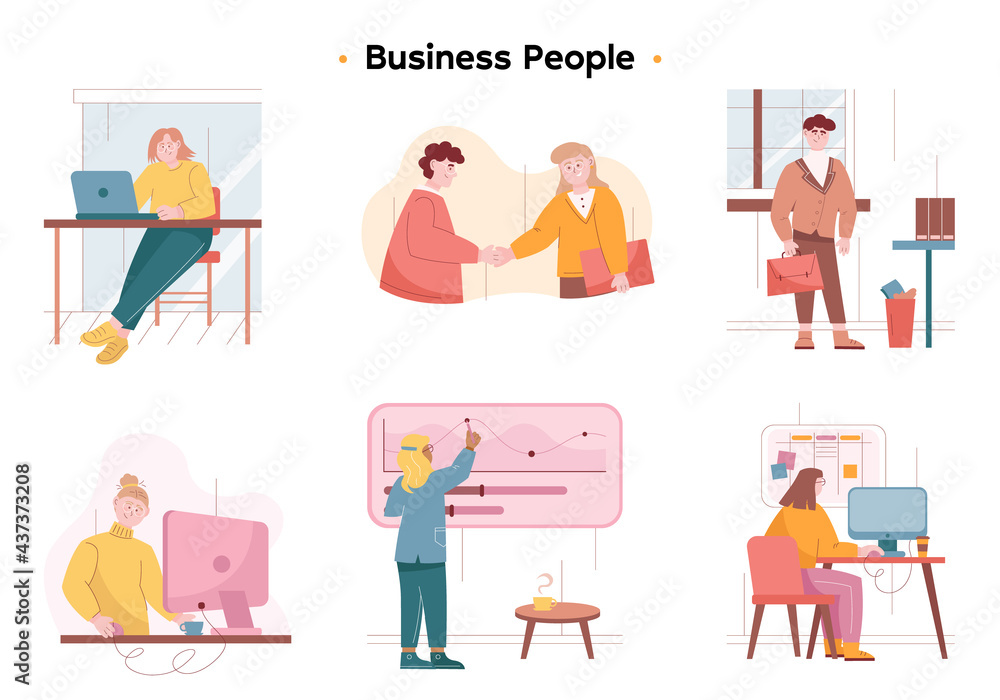 A man and a woman make a business deal and shake hands. A girl draws a large graph on a blackboard with a pencil. Businessman in a business suit going to a meeting. The girl works at the computer. A man and a woman make a business deal and shake hands. A girl draws a large graph on a blackboard with a pencil. Businessman in a business suit going to a meeting. The girl works at the computer.