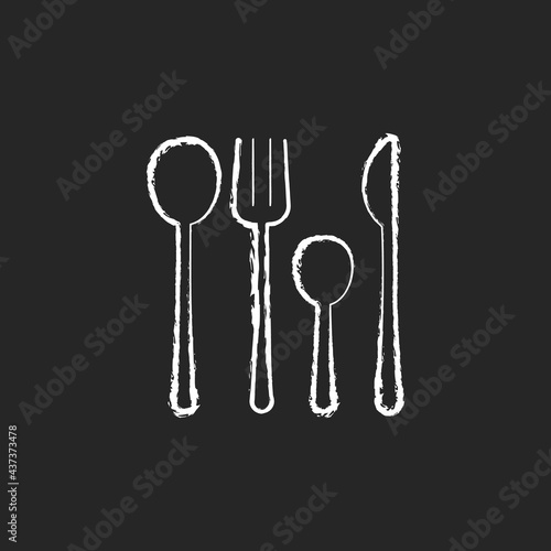 Forks, knives and spoons chalk white icon on dark background. Dinner accessories for eating at home. Kitchen equipment. Beautiful design of tableware. Isolated vector chalkboard illustration on black