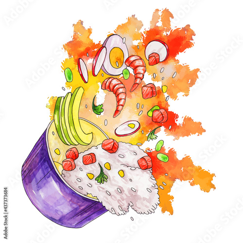 delicious watercolor illustration of poke with shrimp salmon avocado radish herbs cilantro rice corn green beans egg saucerbs cilantro rice corn green beans sauce