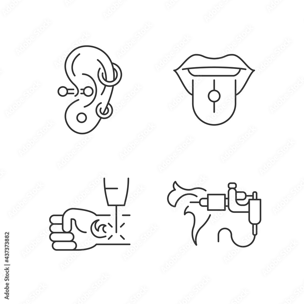 Tattoo and piercing masters linear icons set. Place to put jewellery into skin. Professional tool. Customizable thin line contour symbols. Isolated vector outline illustrations. Editable stroke