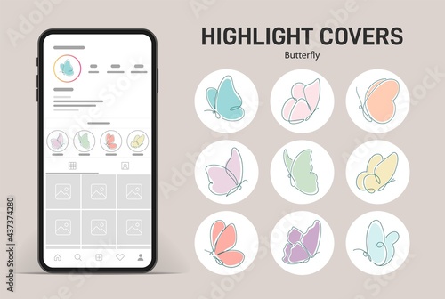 Highlights cover, posts and stories for social media with butterfly background. Modern vector illustration with an example on the device