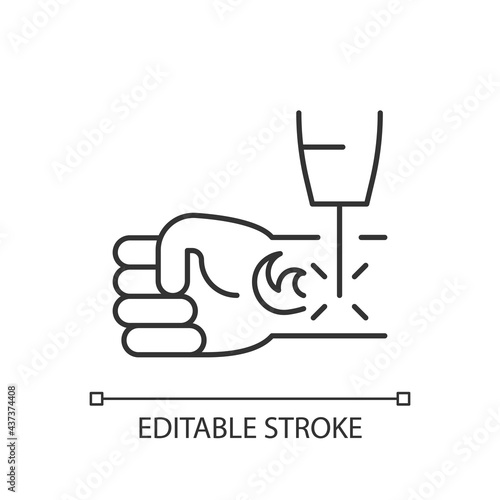 Tattoo laser removal linear icon. Special human body operations. Removing injected ink from skin. Thin line customizable illustration. Contour symbol. Vector isolated outline drawing. Editable stroke