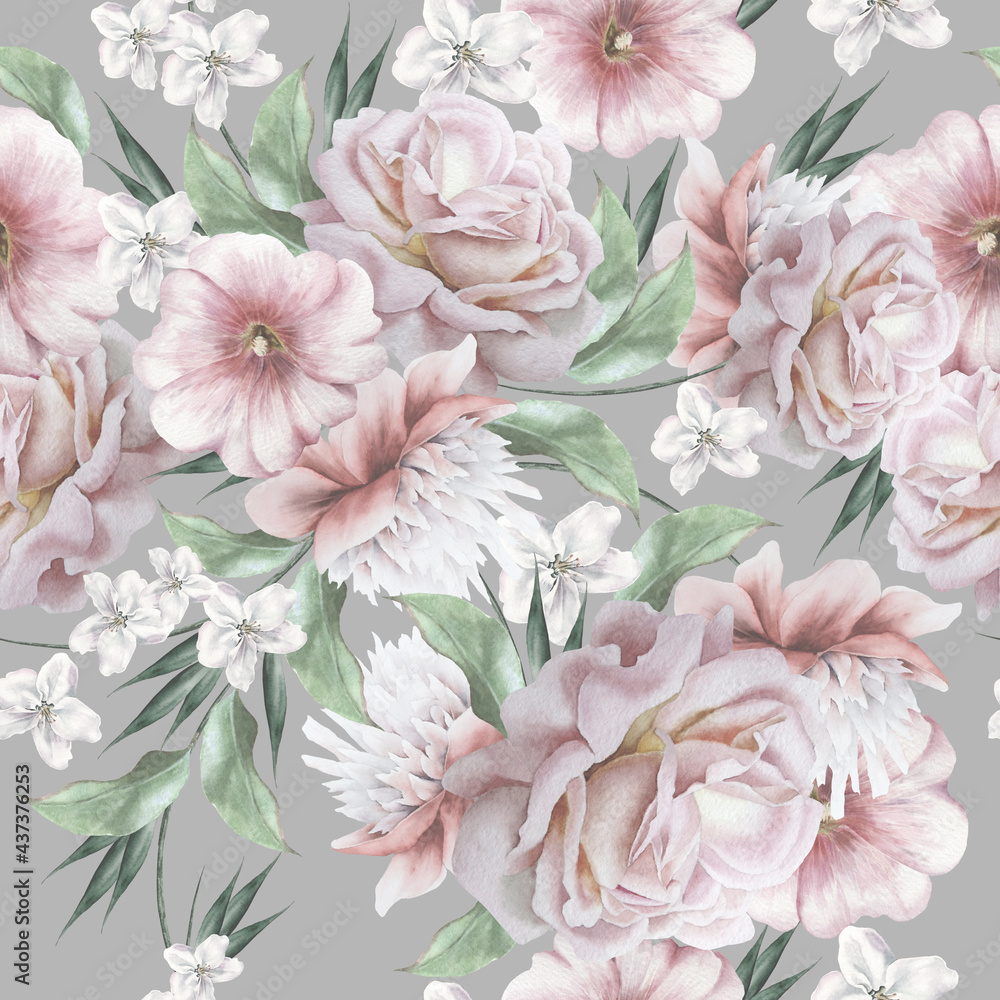 Bright seamless pattern with flowers. Rose. Watercolor illustration. Hand drawn.