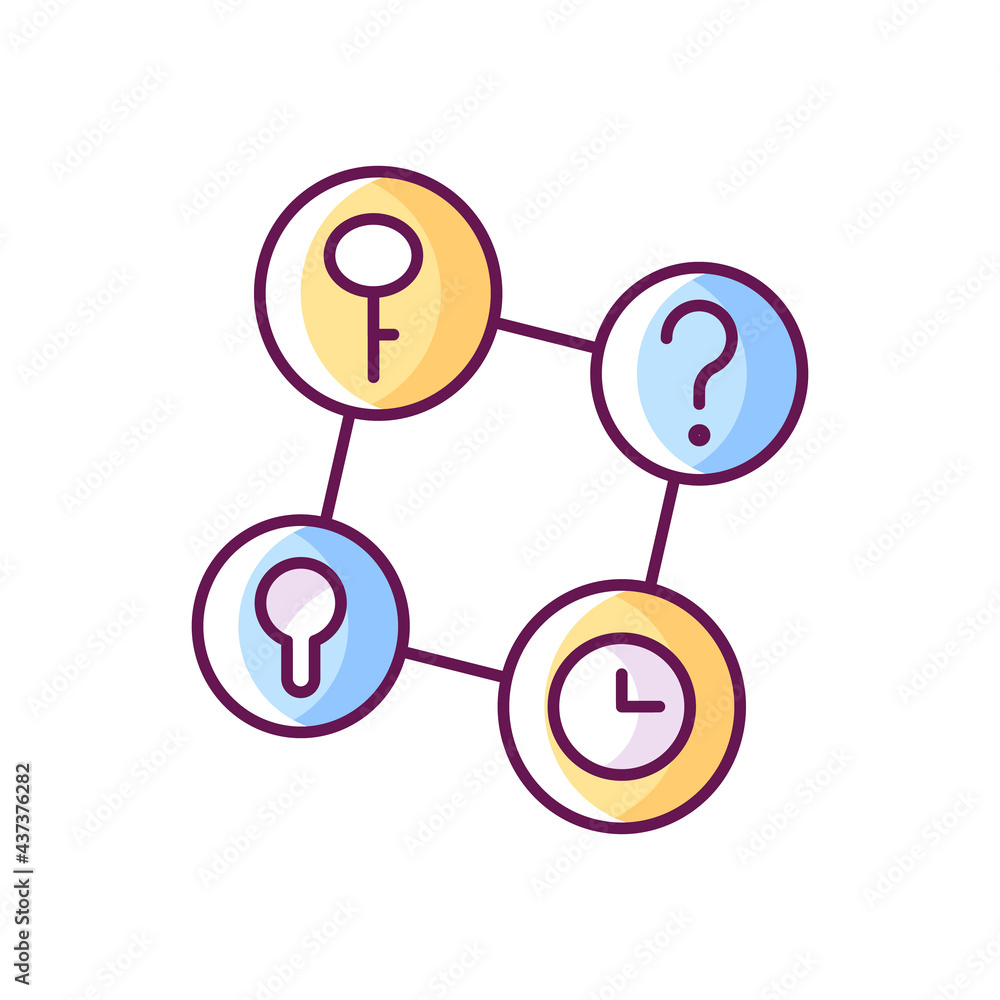 Connecting facts RGB color icon. Mind game. Analyze question. Solving puzzles, clues for riddles. Part of mystery quest. Isolated vector illustration. Escape room simple filled line drawing Connecting facts RGB color icon. Mind game. Analyze question. Solving puzzles, clues for riddles. Part of mystery quest. Isolated vector illustration. Escape room simple filled line drawing