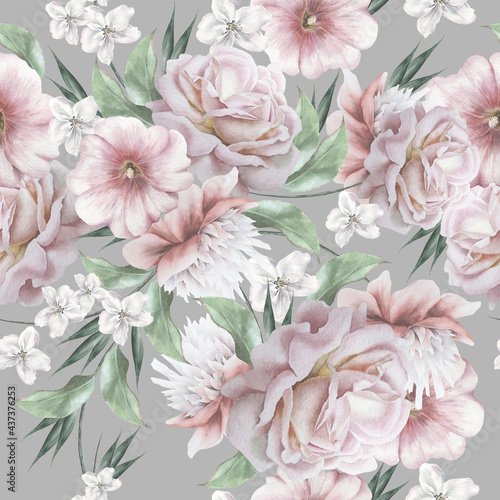 Bright seamless pattern with flowers. Rose. Watercolor illustration. Hand drawn.