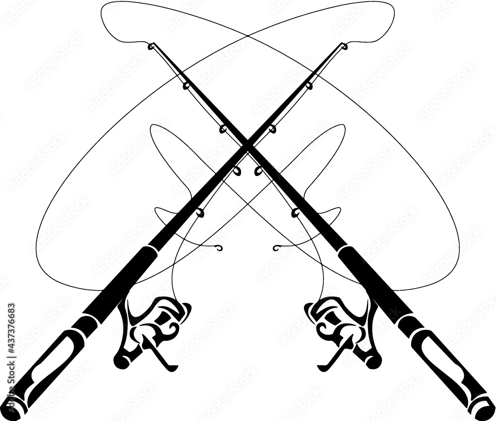 Crossed Fishing Rod and Reel Black and White Vector Stock Vector