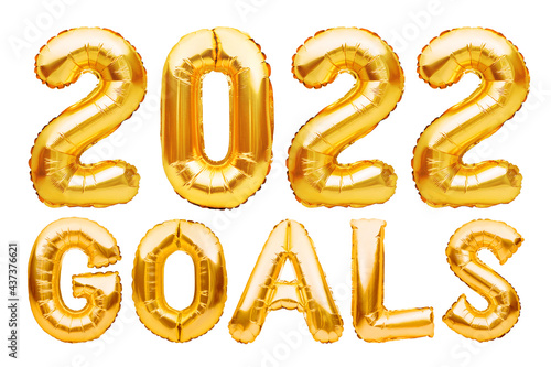 2022 GOALS phrase made of golden inflatable balloons. New year resolution goal list, change and determination concept. Helium balloons foil letters and numbers, celebration decoration