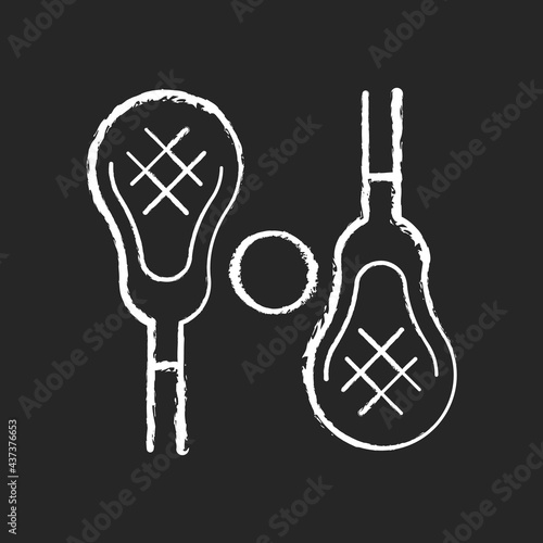 Lacrosse chalk white icon on dark background. Playing with lacrosse stick outdoor. Competitive team sport. Workout. Passing ball between teammates. Isolated vector chalkboard illustration on black