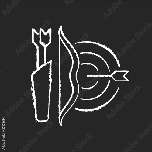Archery chalk white icon on dark background. Using bow to shoot arrows. Hunting and recreational activity. Hitting target from distance. Isolated vector chalkboard illustration on black