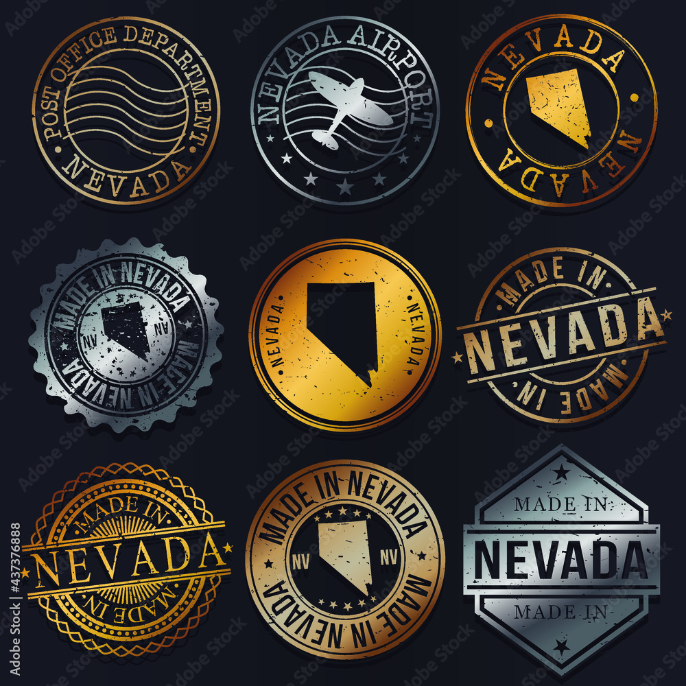 Nevada, USA Business Metal Stamps. Gold Made In Product Seal. National Logo Icon. Symbol Design Insignia Country. Nevada, USA Business Metal Stamps. Gold Made In Product Seal. National Logo Icon. Symbol Design Insignia Country.