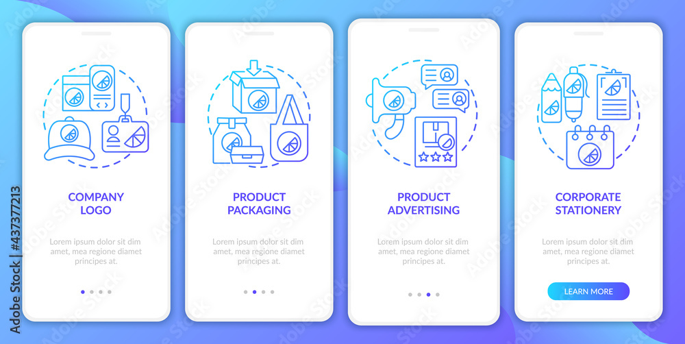 Corporate brand identity onboarding mobile app page screen with concepts. Logo, packaging walkthrough 4 steps graphic instructions. UI, UX, GUI vector template with linear color illustrations