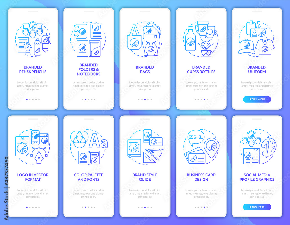 Corporate identity onboarding mobile app page screen with concepts set. Branded stationery walkthrough 5 steps graphic instructions. UI, UX, GUI vector template with linear color illustrations
