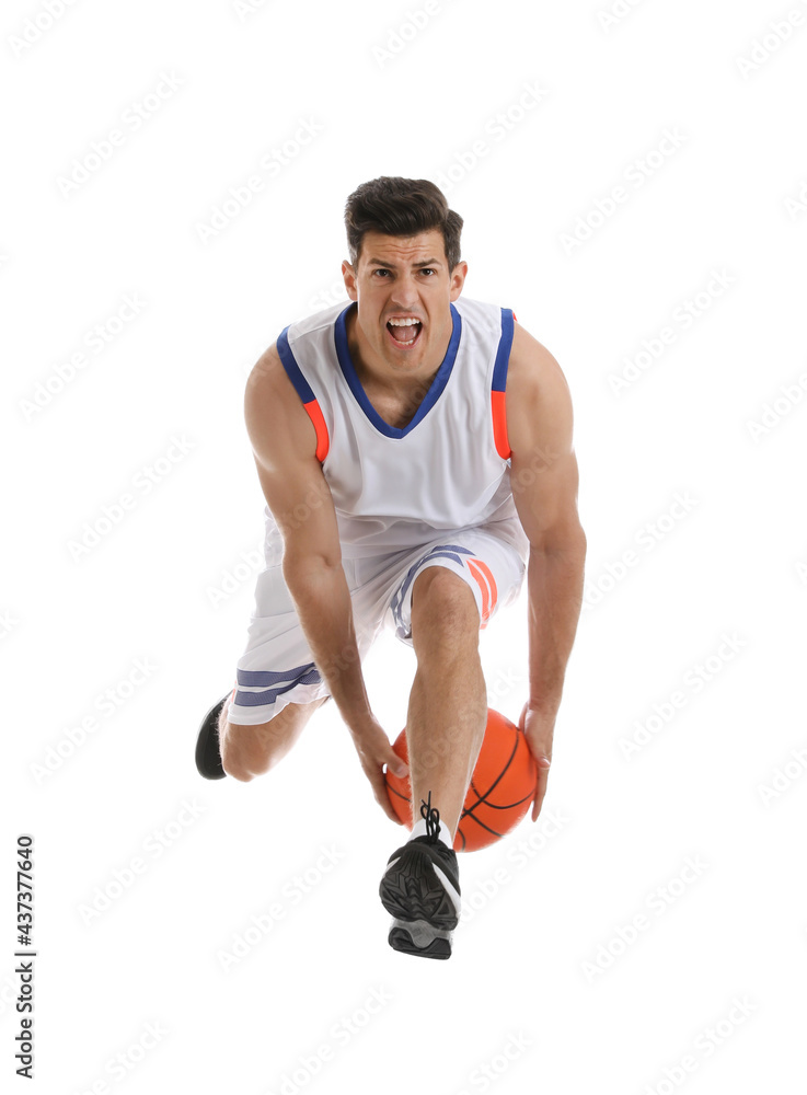 Professional sportsman playing basketball on white background